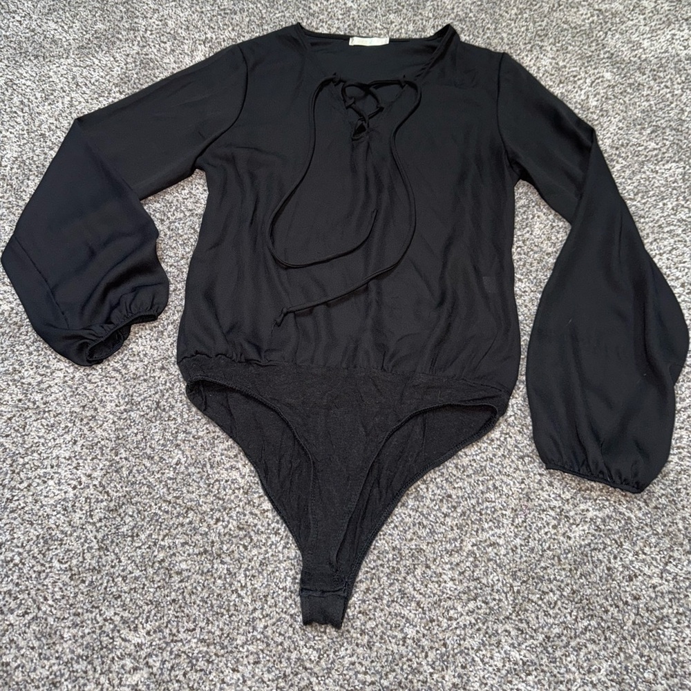 Heart hips sheer black long sleeve body suit with tie front